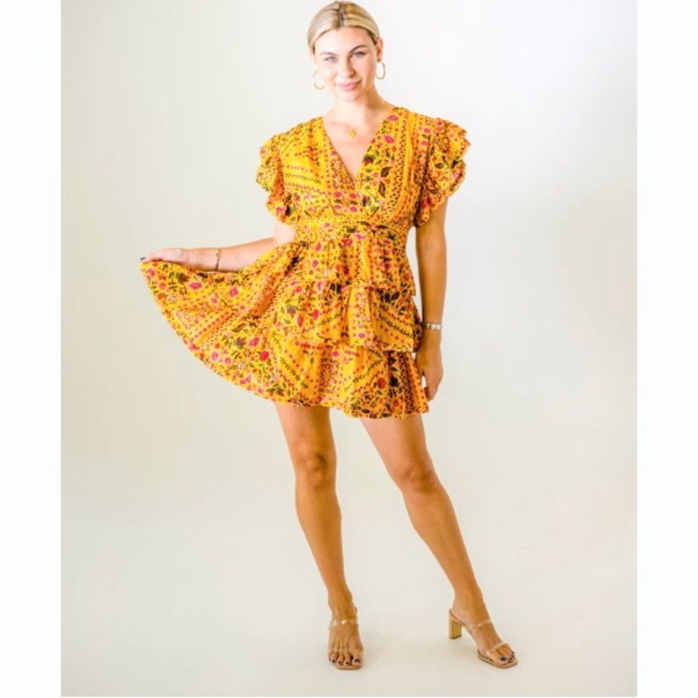 Olivaceous You're My Favorite Mustard Floral Mini Dress Ruffle Size S